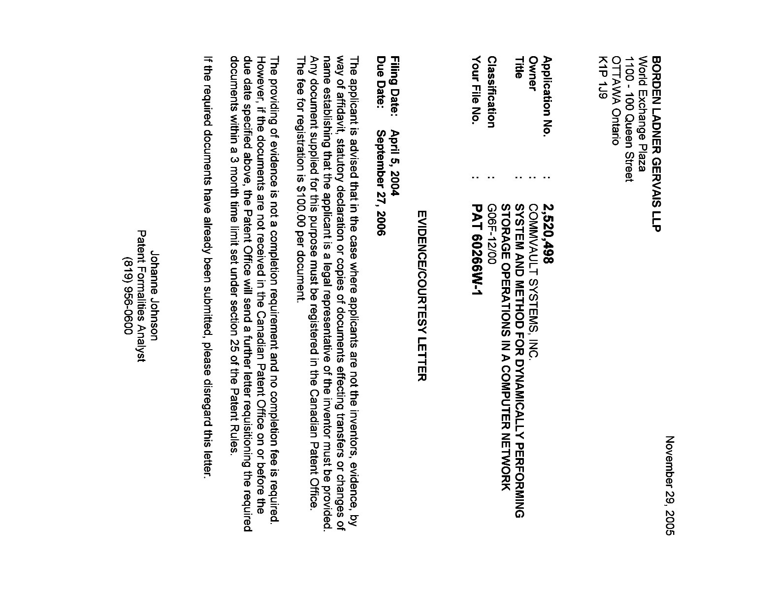 Document de brevet canadien 2520498. Correspondance 20041223. Image 1 de 1