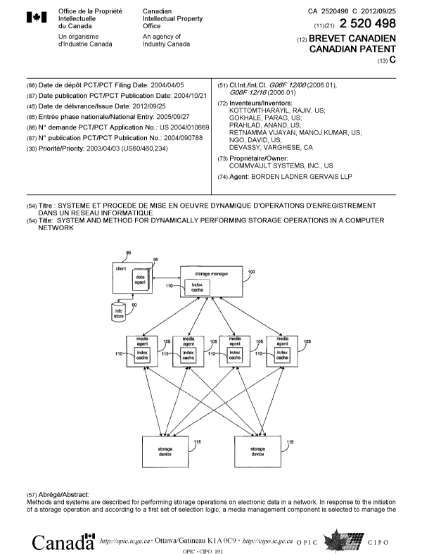 Document de brevet canadien 2520498. Page couverture 20111228. Image 1 de 2
