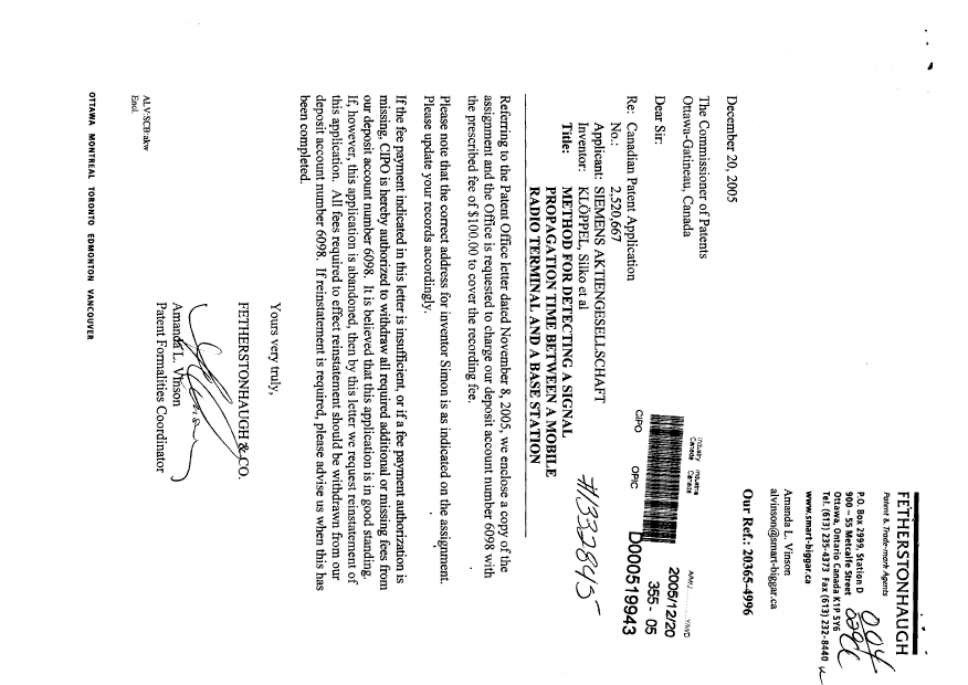 Document de brevet canadien 2520667. Correspondance 20051220. Image 1 de 1
