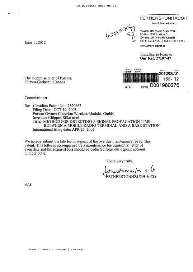 Document de brevet canadien 2520667. Taxes 20120601. Image 2 de 2