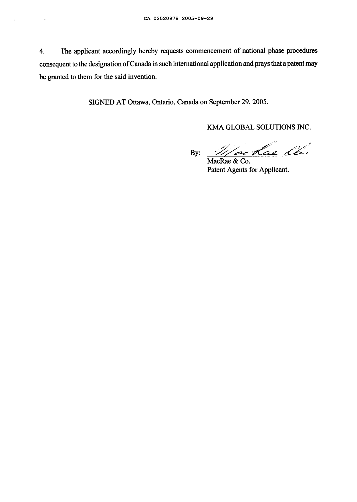 Canadian Patent Document 2520978. Assignment 20050929. Image 3 of 3