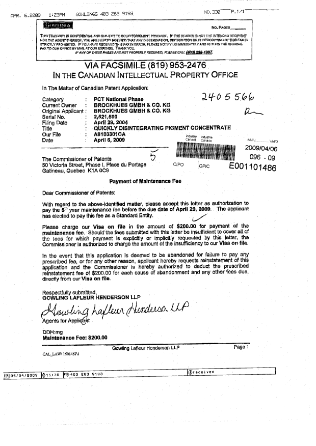 Canadian Patent Document 2521500. Fees 20090406. Image 1 of 1