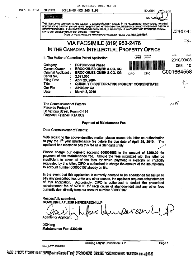 Canadian Patent Document 2521500. Fees 20100308. Image 1 of 1
