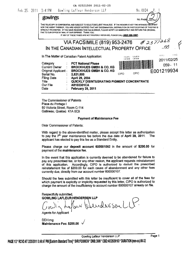 Canadian Patent Document 2521500. Fees 20110225. Image 1 of 1