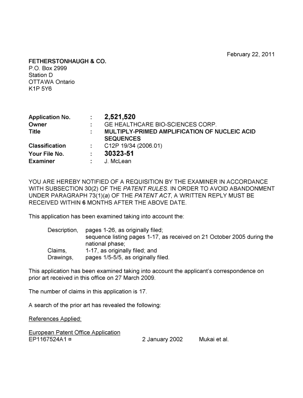 Canadian Patent Document 2521520. Prosecution-Amendment 20110222. Image 1 of 3