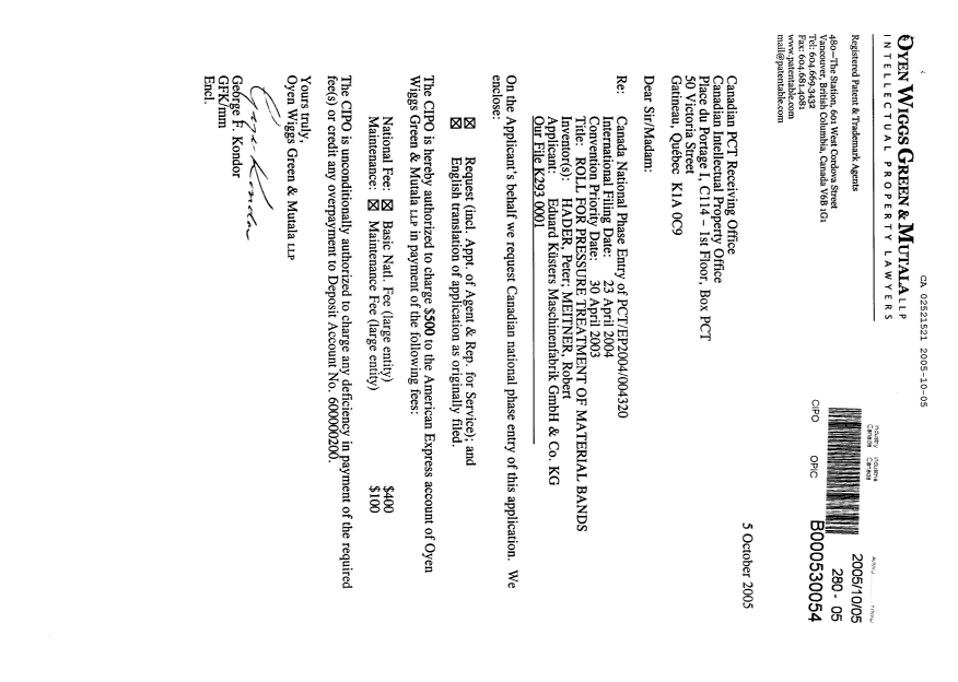 Canadian Patent Document 2521521. Assignment 20051005. Image 1 of 2