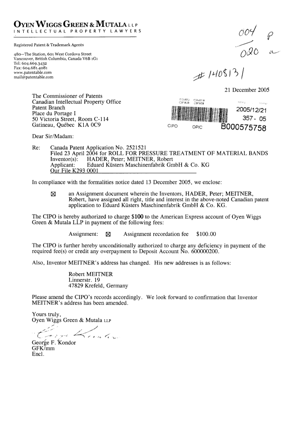 Document de brevet canadien 2521521. Correspondance 20051221. Image 1 de 1