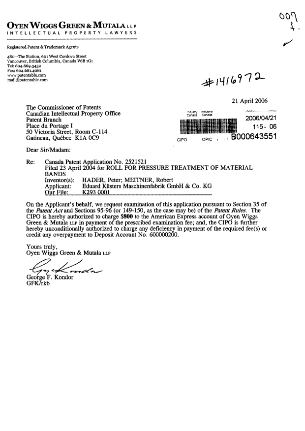 Document de brevet canadien 2521521. Poursuite-Amendment 20060421. Image 1 de 1