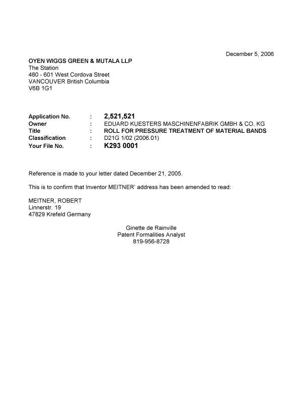 Document de brevet canadien 2521521. Correspondance 20061129. Image 1 de 1