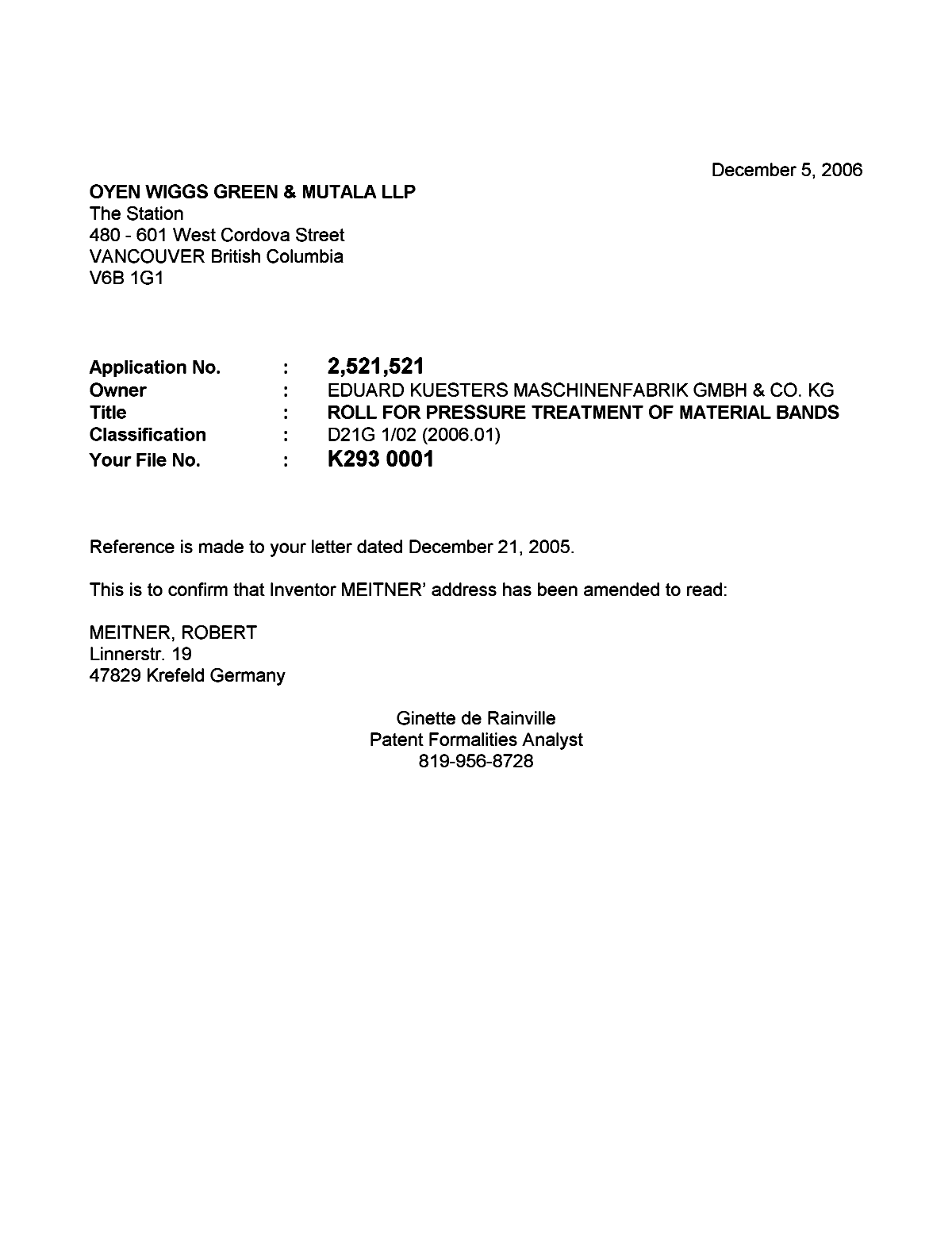 Canadian Patent Document 2521521. Correspondence 20061129. Image 1 of 1