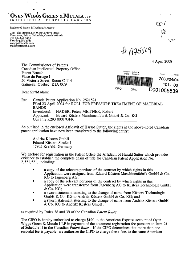 Document de brevet canadien 2521521. Cession 20080404. Image 1 de 61