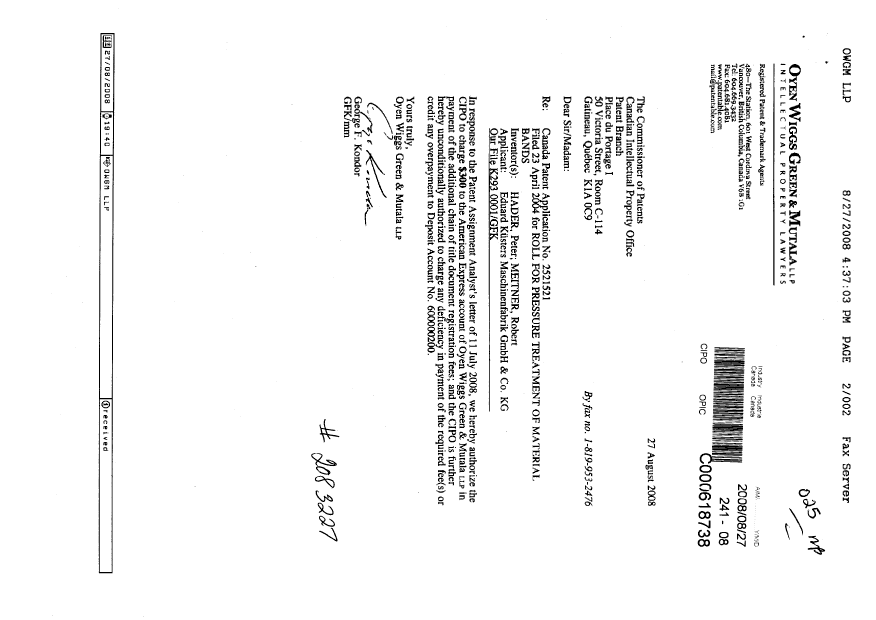 Canadian Patent Document 2521521. Assignment 20080827. Image 1 of 2