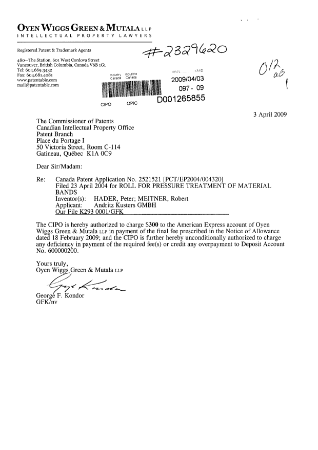 Document de brevet canadien 2521521. Correspondance 20090403. Image 1 de 1