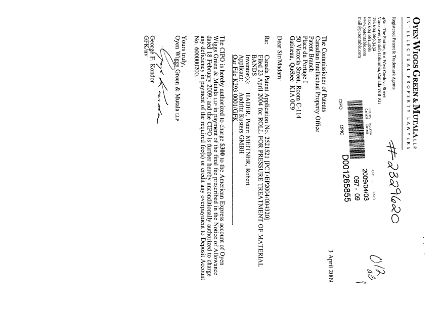Canadian Patent Document 2521521. Correspondence 20090403. Image 1 of 1