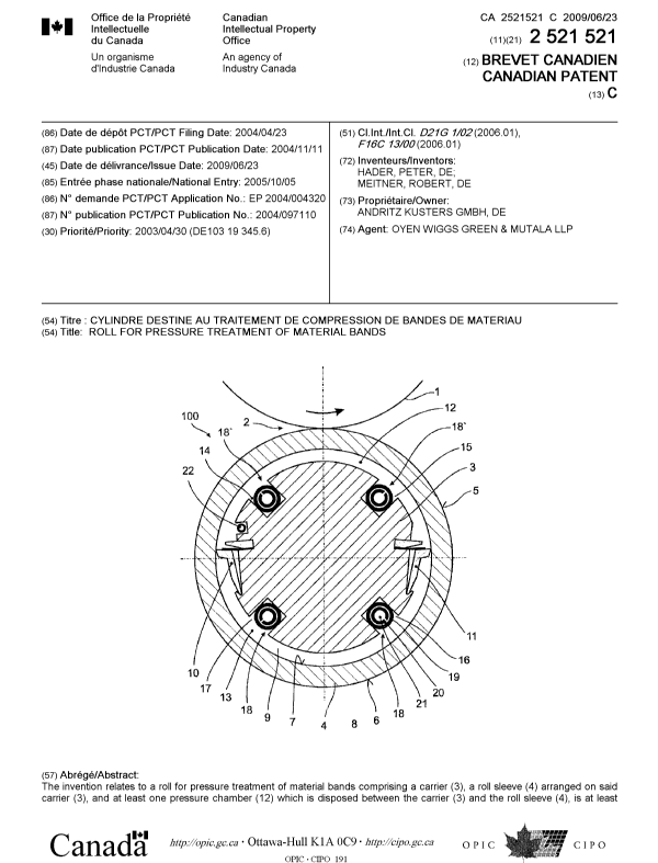 Document de brevet canadien 2521521. Page couverture 20090529. Image 1 de 2