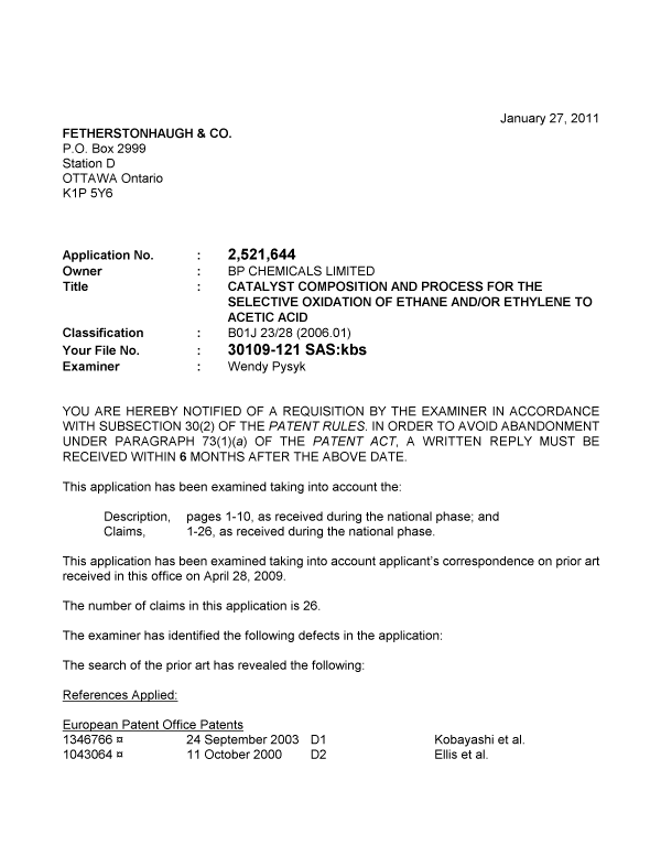 Canadian Patent Document 2521644. Prosecution-Amendment 20110127. Image 1 of 3