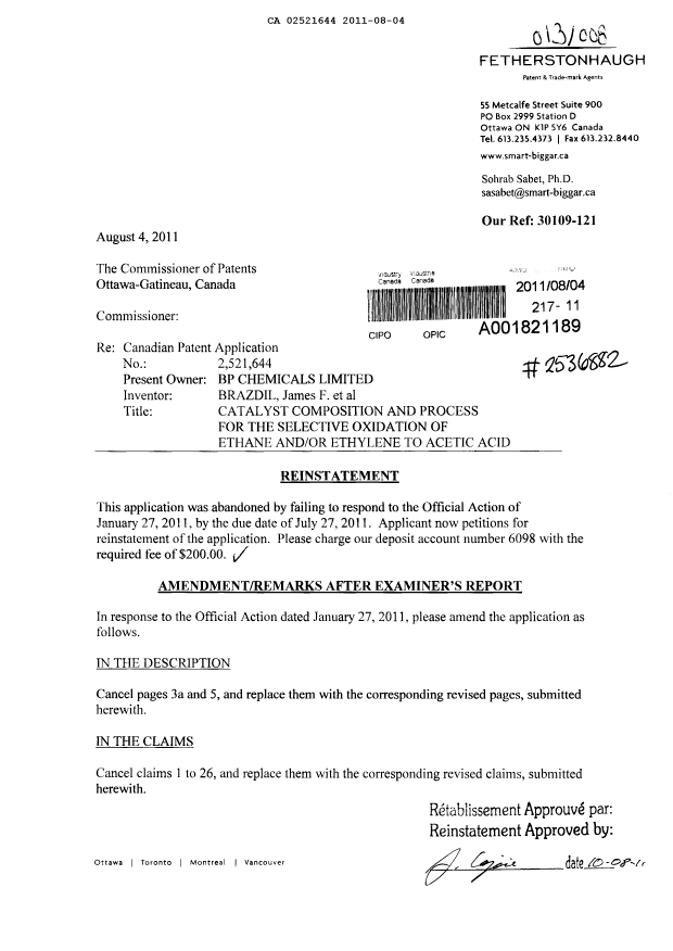Canadian Patent Document 2521644. Prosecution-Amendment 20110804. Image 1 of 13
