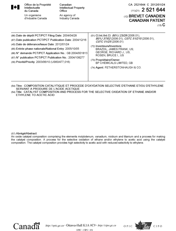 Canadian Patent Document 2521644. Cover Page 20111221. Image 1 of 1