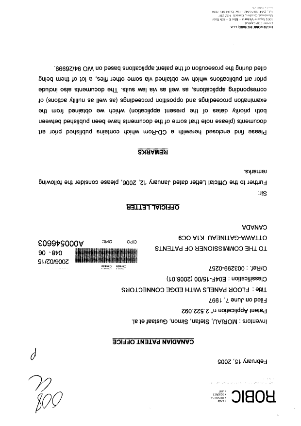 Canadian Patent Document 2522092. Prosecution-Amendment 20060215. Image 1 of 3