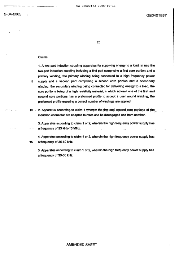 Canadian Patent Document 2522173. Claims 20051013. Image 1 of 6