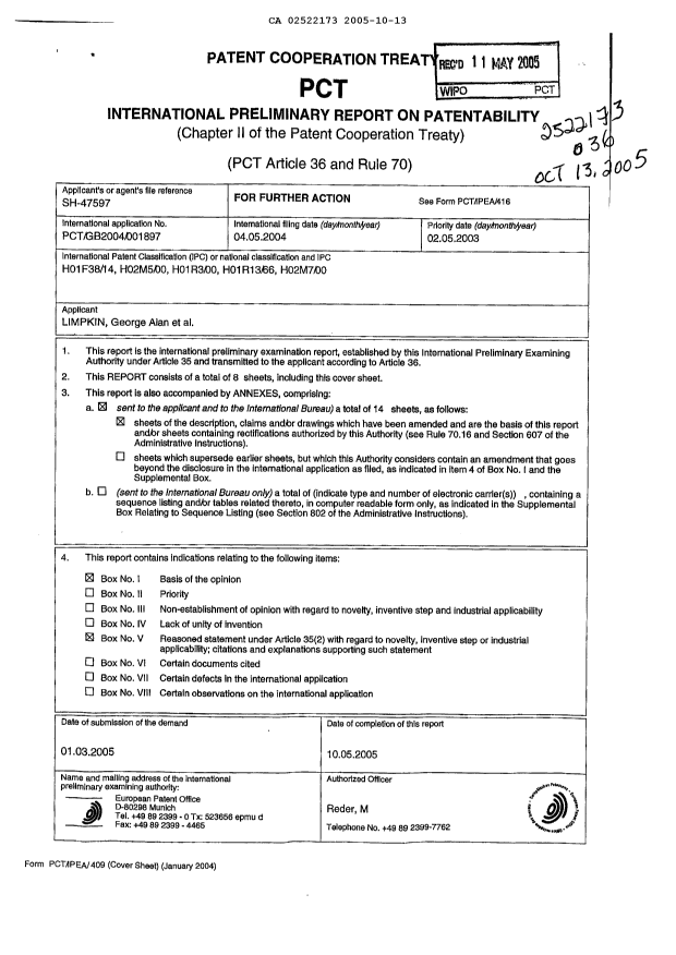 Canadian Patent Document 2522173. PCT 20051013. Image 1 of 22