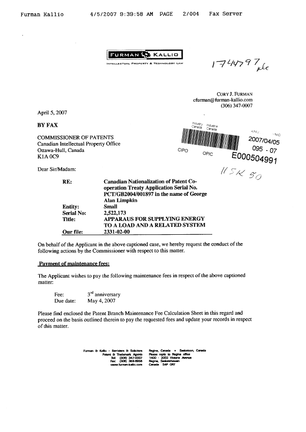 Canadian Patent Document 2522173. Fees 20070405. Image 1 of 4