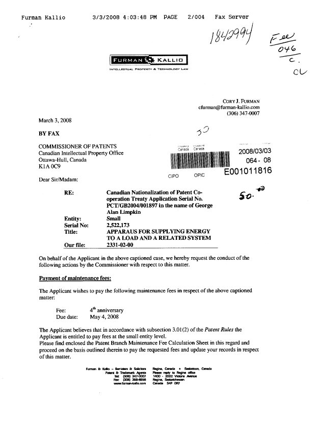 Canadian Patent Document 2522173. Fees 20080303. Image 1 of 4