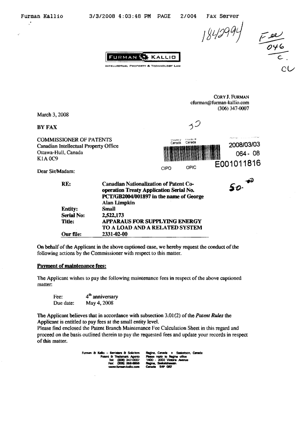 Canadian Patent Document 2522173. Correspondence 20080303. Image 1 of 4