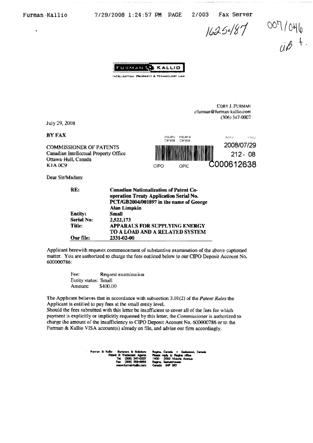 Canadian Patent Document 2522173. Prosecution-Amendment 20080729. Image 1 of 3