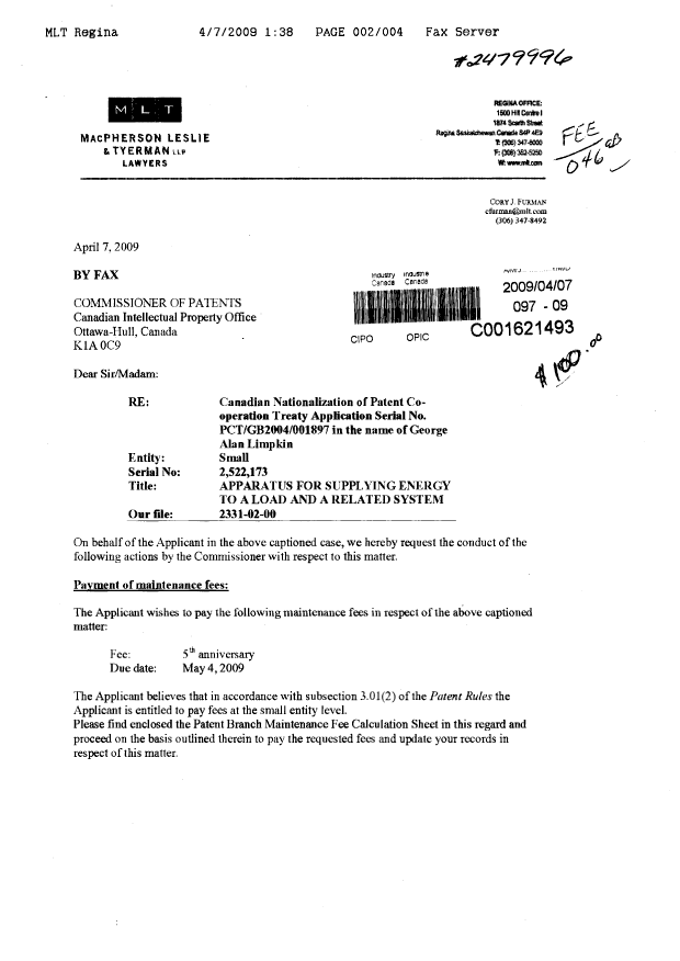 Canadian Patent Document 2522173. Fees 20090407. Image 1 of 4