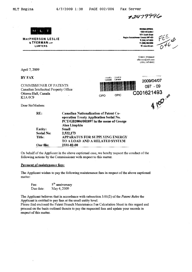 Canadian Patent Document 2522173. Correspondence 20090407. Image 1 of 4
