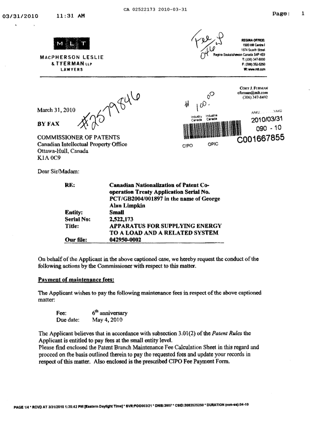 Canadian Patent Document 2522173. Correspondence 20100331. Image 1 of 2