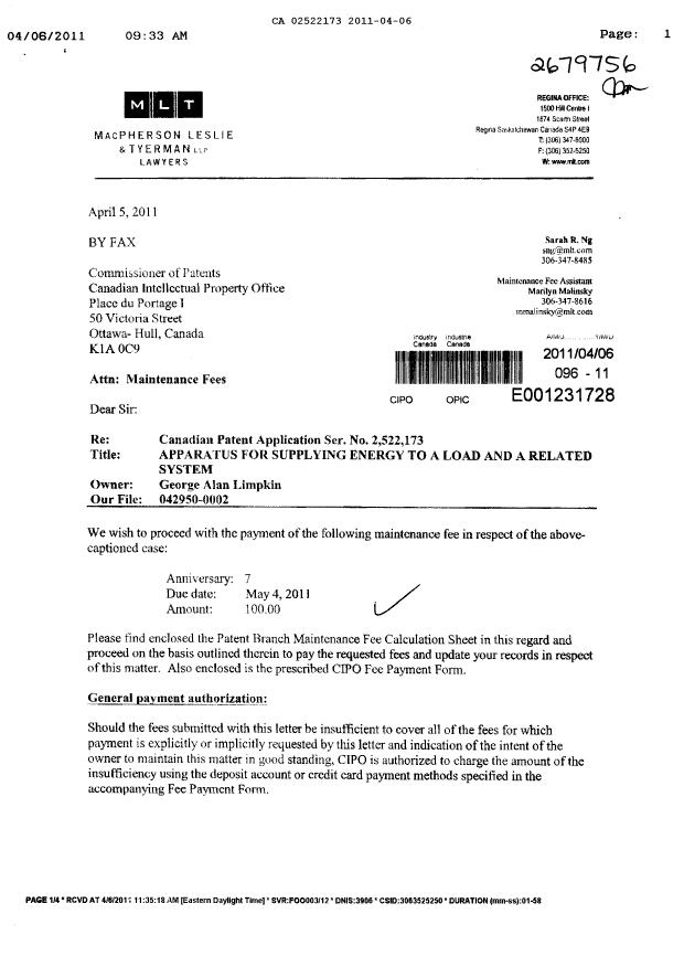 Canadian Patent Document 2522173. Fees 20110406. Image 1 of 3
