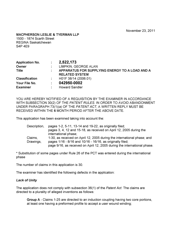 Canadian Patent Document 2522173. Prosecution-Amendment 20111123. Image 1 of 3