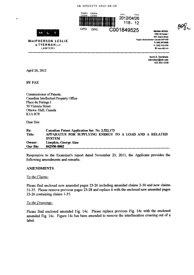 Canadian Patent Document 2522173. Prosecution-Amendment 20120426. Image 1 of 9