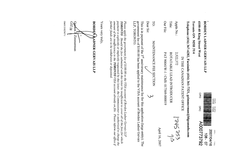 Canadian Patent Document 2522372. Fees 20070416. Image 1 of 1
