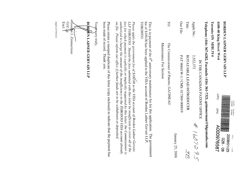 Canadian Patent Document 2522372. Fees 20080125. Image 1 of 1