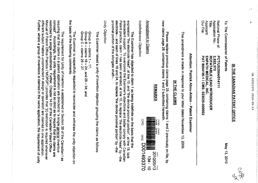 Canadian Patent Document 2522372. Prosecution-Amendment 20100513. Image 1 of 4