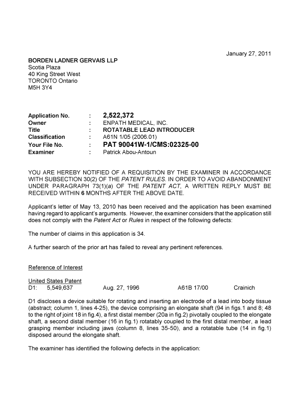 Canadian Patent Document 2522372. Prosecution-Amendment 20110127. Image 1 of 3