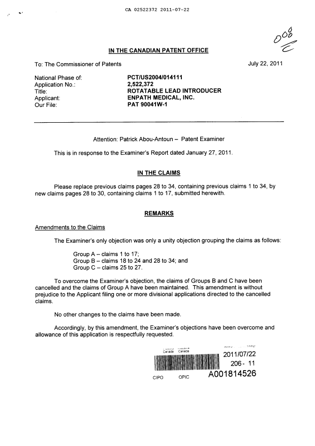 Canadian Patent Document 2522372. Prosecution-Amendment 20110722. Image 1 of 5