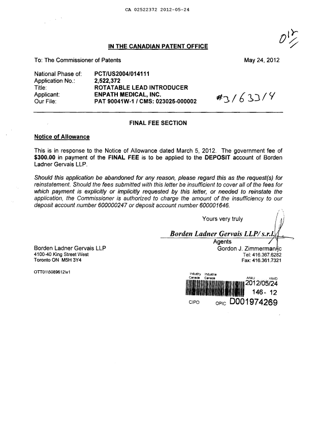 Document de brevet canadien 2522372. Correspondance 20120524. Image 1 de 1