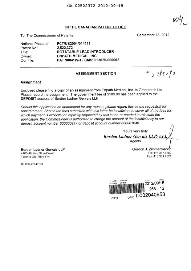 Canadian Patent Document 2522372. Assignment 20120918. Image 1 of 2