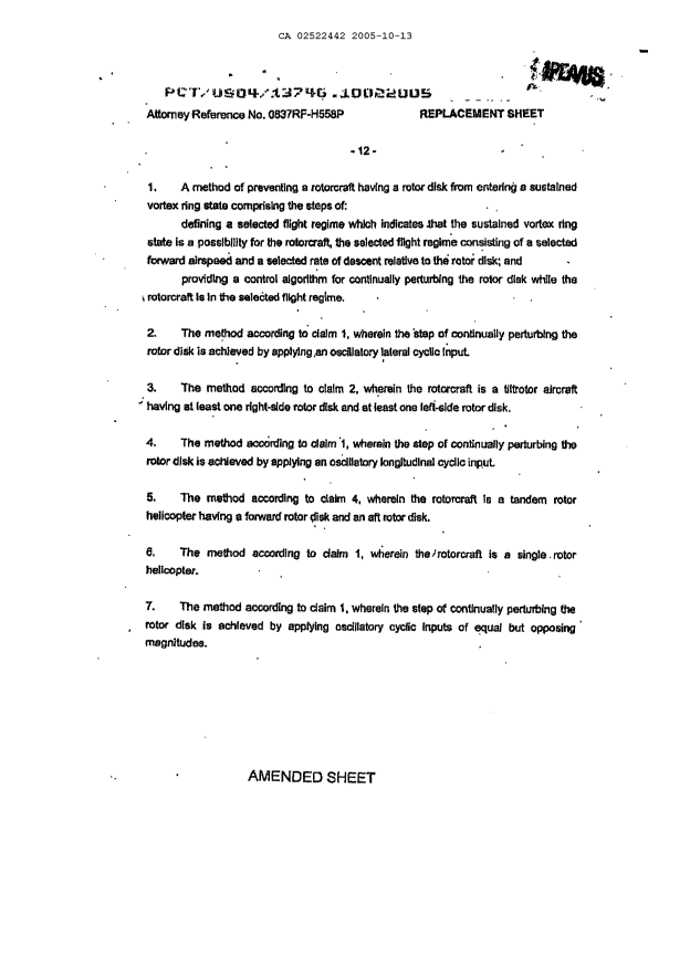 Canadian Patent Document 2522442. Claims 20051013. Image 1 of 3