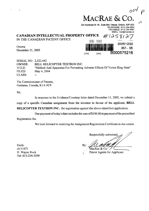 Canadian Patent Document 2522442. Assignment 20051222. Image 1 of 2