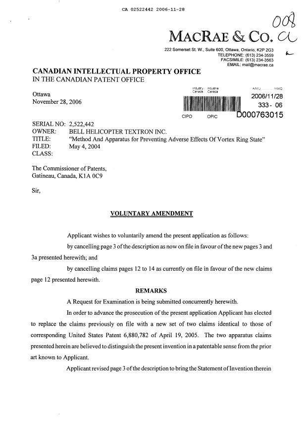 Canadian Patent Document 2522442. Prosecution-Amendment 20061128. Image 1 of 4