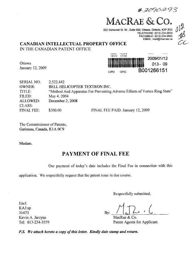 Canadian Patent Document 2522442. Correspondence 20090112. Image 1 of 1