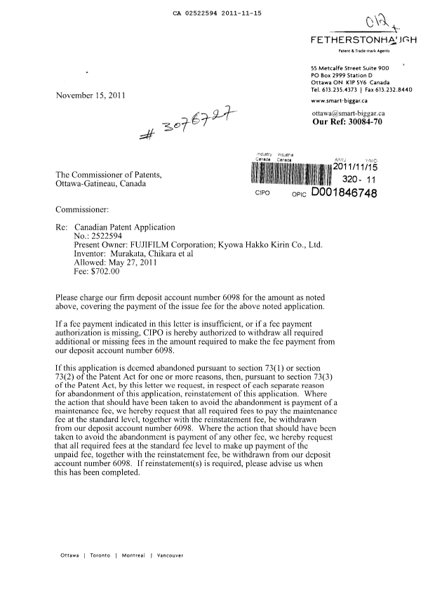 Document de brevet canadien 2522594. Correspondance 20111115. Image 1 de 2