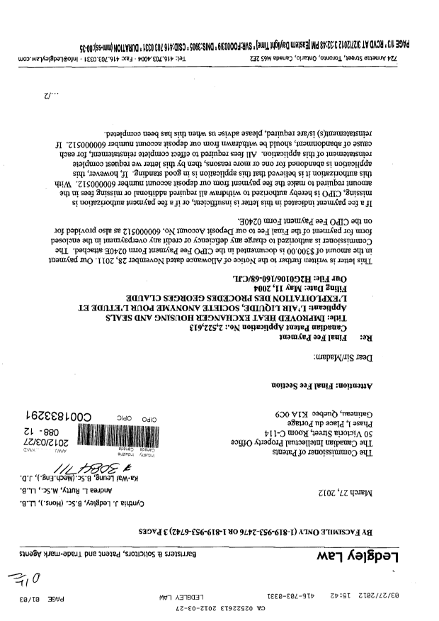 Canadian Patent Document 2522613. Correspondence 20120327. Image 1 of 2