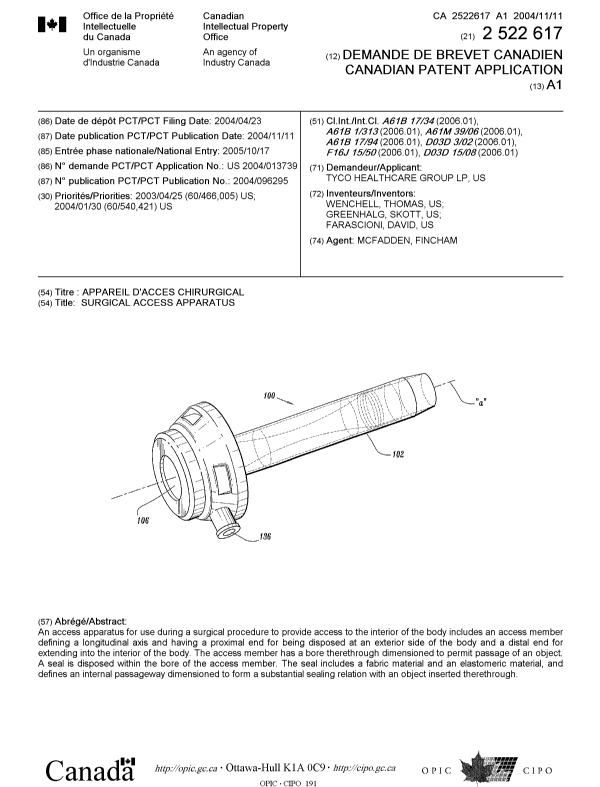Document de brevet canadien 2522617. Page couverture 20060208. Image 1 de 1