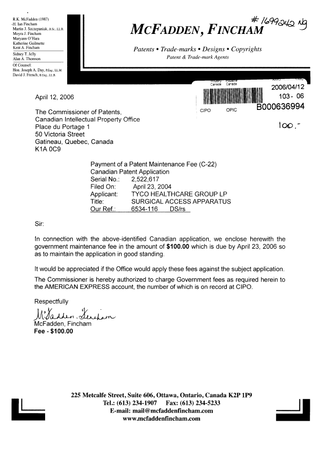 Document de brevet canadien 2522617. Taxes 20060412. Image 1 de 1